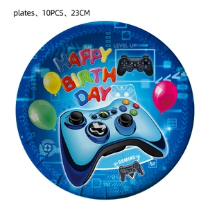 Detail view of 23cm gaming birthday paper plates featuring game controller patterns