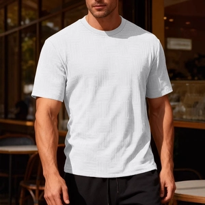 Men's slim fit white t-shirt with geometric jacquard texture and classic crew neck