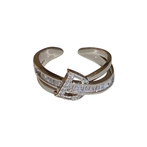 Double-layered silver open ring with zircon letter D and rectangular crystals for women
