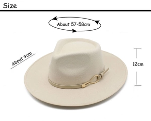 Detailed size specifications for cream wool felt fedora hat with 9cm wide flat brim
