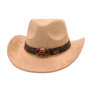Detail of khaki cowboy hat featuring a vintage belt with a metallic skull and crossbones