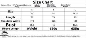 Detailed size chart for army green bomber jacket set with fabric and measurement guide