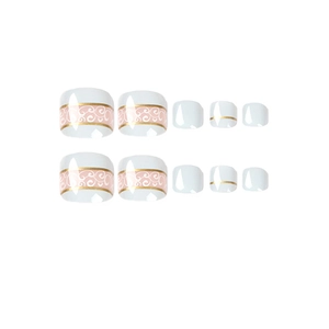 French style white toenail press-ons with pink scroll patterns and gold line accents