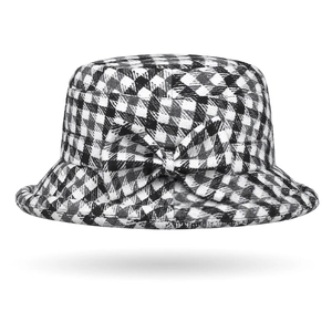 Cappello a secchiello vintage da donna con motivo pied de poule bianco e nero e fiocco