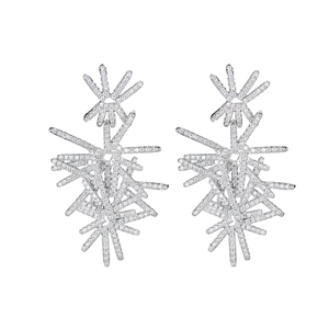 Sparkling silver snowflake earrings with abstract irregular lines and shiny zircons