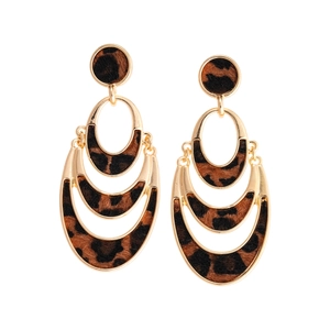Gold multi-layered hollow hoop earrings with faux pony hair leopard print texture