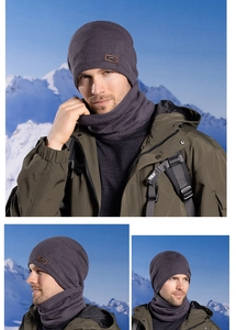 Close-up of men's winter knitted beanie and neck warmer set with fleece lining
