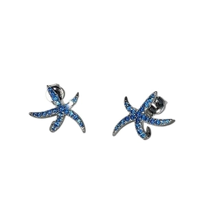 Orecchini a perno a stella marina blu con aghi d'argento e zirconi blu scintillanti