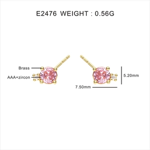 Detailed macro view of 18k gold plated round pink zircon earrings with product dimensions
