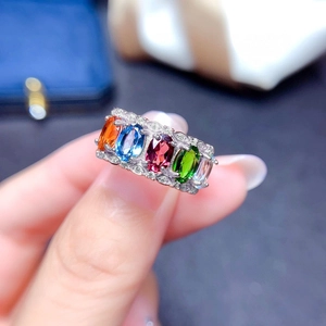 Multicolor gemstone open ring with five oval crystals and diamonds in silver finish