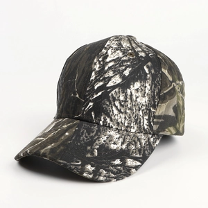 Detailed top view of a cotton camouflage baseball cap with breathable eyelets and curved brim