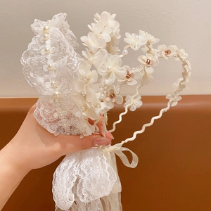 Girls White Lace Flower Headband With Imitation Artificial Pearls Ribbon Hair Accessory For Wedding Princess Style