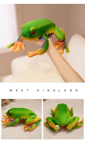 Detail view showing soft green fabric, orange feet, and blue stripes of the tree frog plush
