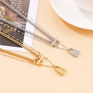 Layered Stainless Steel Padlock Pendant Necklace With Curb Chain And Toggle Clasp Punk Fashion For Women Men