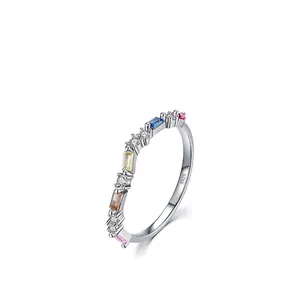 S925 sterling silver rainbow ring featuring colorful gradient gemstones and white zircon