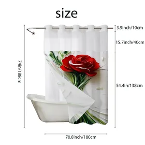 Detailed sizing chart for shower curtain with red rose print and mesh top panel