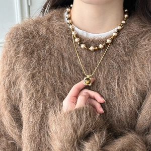Retro Double Layered Necklace With Faux Artificial Pearl And Tiger Eye Stone Square Pendant Gold Snake Chain For Women Elegant