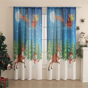 Christmas blackout curtains with Santa sleigh and reindeer landscape on star gradient fabric