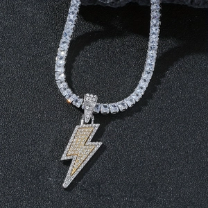 Hip Hop Lightning Pendant Necklace Copper Zircon Rhinestone Iced Out Square Cut Tennis Chain Trendy Jewelry Unisex
