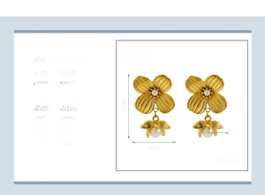 Detail view of 18K gold plated stainless steel flower earrings with white pearls