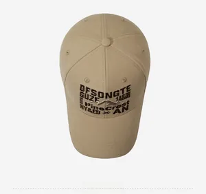 Top view of khaki cotton baseball cap featuring detailed Pinecrest mountain embroidery