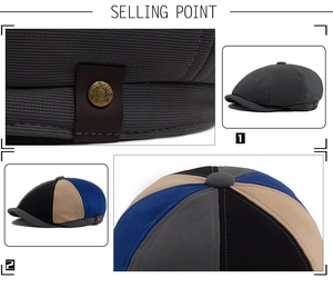 Détails de la casquette gavroche avec étiquette en cuir et bouton métallique décoratif