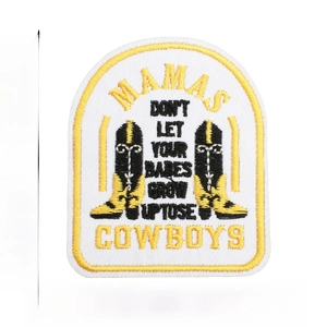 Detail view showing dimensions of a Western cowboy embroidered patch with lyric text