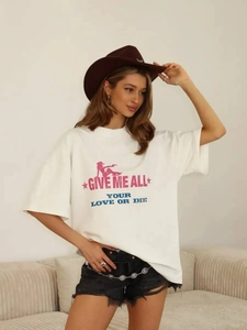 Γυναικείο Βαμβακερό Oversized T-Shirt Κοντομάνικο Στρογγυλή Λαιμόκοψη Ρετρό Γραφικό Cowgirl Με Γράμματα Streetwear Λευκό