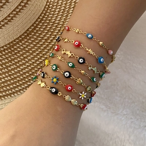 Stainless Steel Evil Eye Bracelet Colorful Enamel Heart Star Charms Adjustable Gold Plated Boho Jewelry For Women Girls