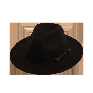 Classic black wide brim fedora hat with leather belt strap and metallic buckle detail