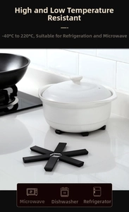 Macro shot of a black star-shaped foldable heat-resistant trivet under a white ceramic pot