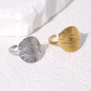 Evil Eye Open Ring Stainless Steel Adjustable Round Disc Sunburst Vintage Bohemian Jewelry For Women