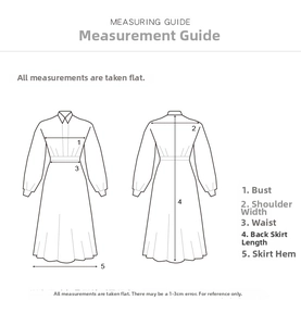 Measuring guide showing chest, shoulder, waist and length for floral flared sleeve dress