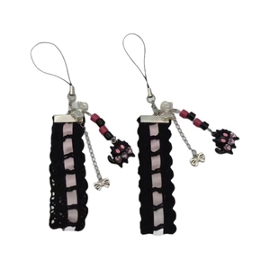 Handmade black lace and pink ribbon phone strap with cat pendant and beaded chain set