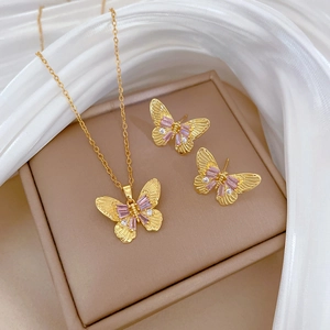 Elegant gold titanium steel jewelry set featuring pink crystal butterfly necklace and earrings