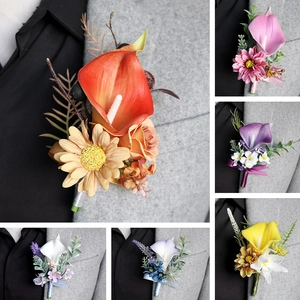 Artificial Calla Lily Boutonniere PU Satin Handmade Wedding Corsage For Groom Bride Prom Party Formal Suit Accessories