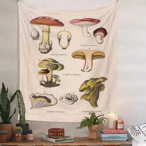 Detailed view of vintage mushroom tapestry with botanical illustrations for wall decor