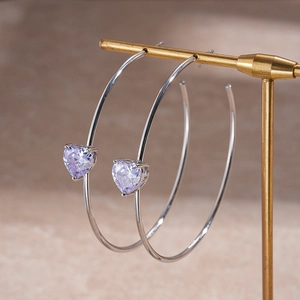 18K silver-plated C-shaped hoop earrings with purple zircon heart gems in elegant style