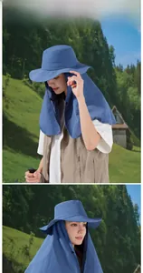 Detailed view of blue sun hat with wide brim and adjustable neck flap for outdoor protection