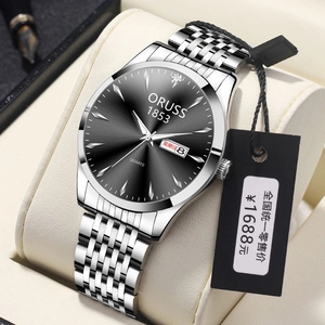 Close-up of business quartz watch with black sunburst dial and dual calendar display