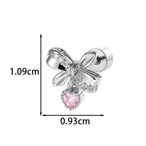 Elegant silver bow stud earrings with pink heart crystal and sparkling white rhinestones