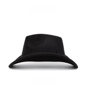Side view of a classic black wool felt fedora hat featuring a wide brim and creased crown
