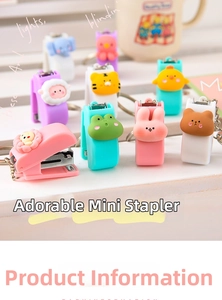 Close-up of mini cartoon animal staplers with keychains in various pastel colors