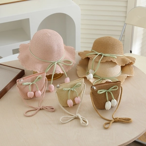 Girls Paper Woven Straw Sun Hat And Matching Crossbody Bag Breathable Wide Wave Brim Ribbon Bow Tulip Floral For Summer Beach