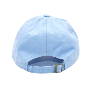 Detail view of the light blue cotton baseball cap back with bronze metal adjustment buckle