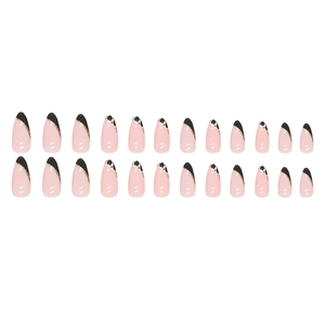 24pcs French almond press-on nails with cow print pattern and pink glitter finish