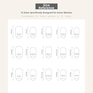 Detailed size chart showing 15 dimensions for handmade cat-eye press-on nails