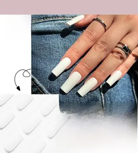 Long square matte white press-on nails shown on hand model with a flat lay view