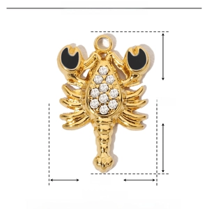 Detailed specs of scorpion pendant in gold finish with enamel and rhinestones