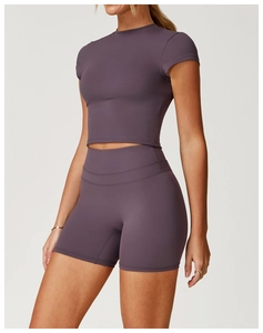Close-up of seamless high-stretch smoky purple-grey yoga set with short sleeve top